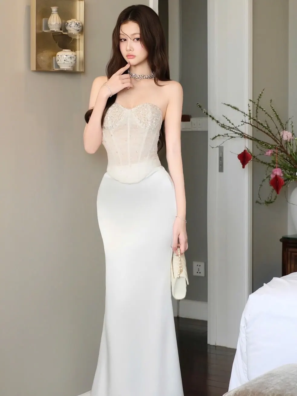 Obibi Brand White Strapless Corset Mermaid Dress - Vietnamese Collection