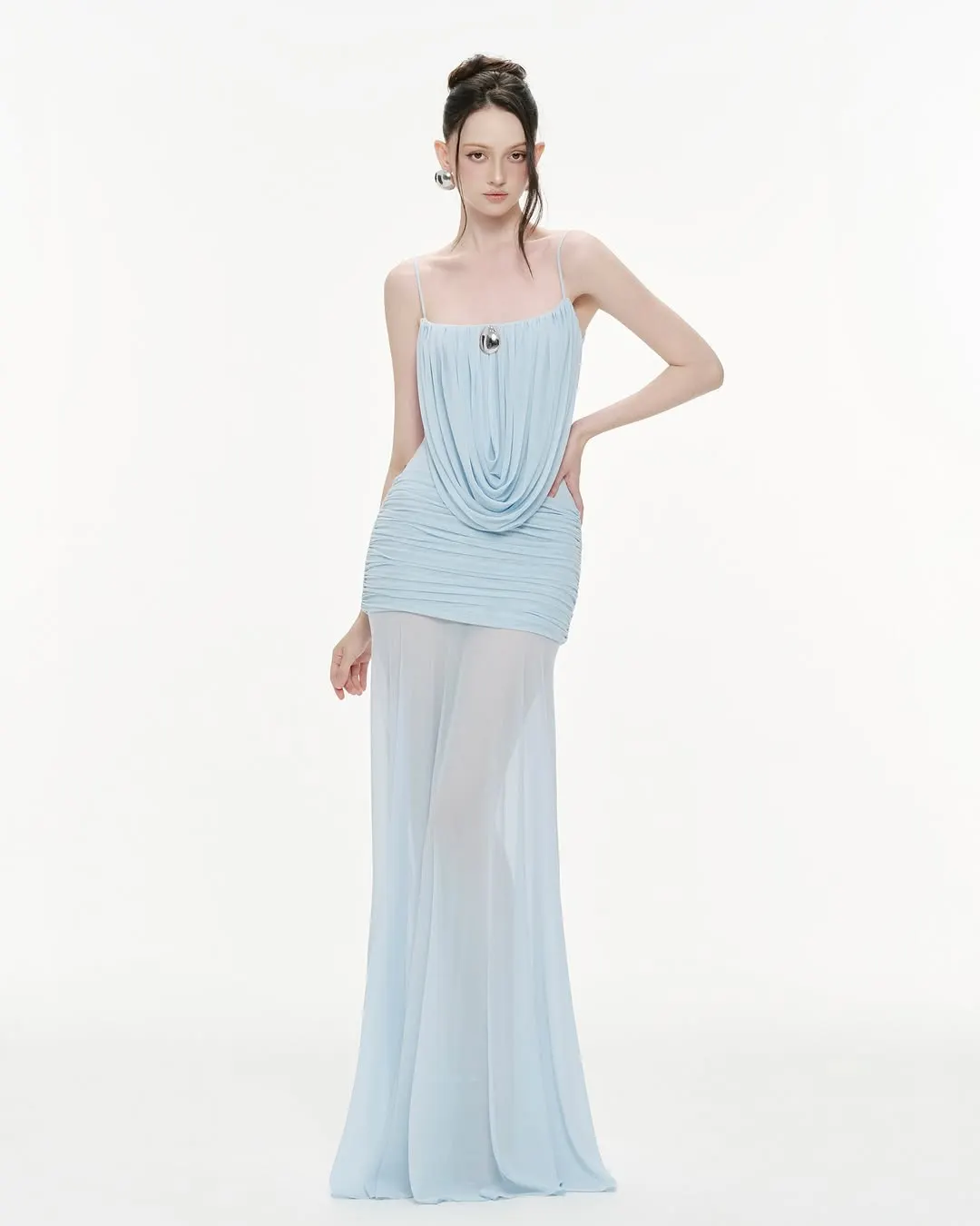 Mollynista Cowl-Neck Ruched Stretch Mesh Gown