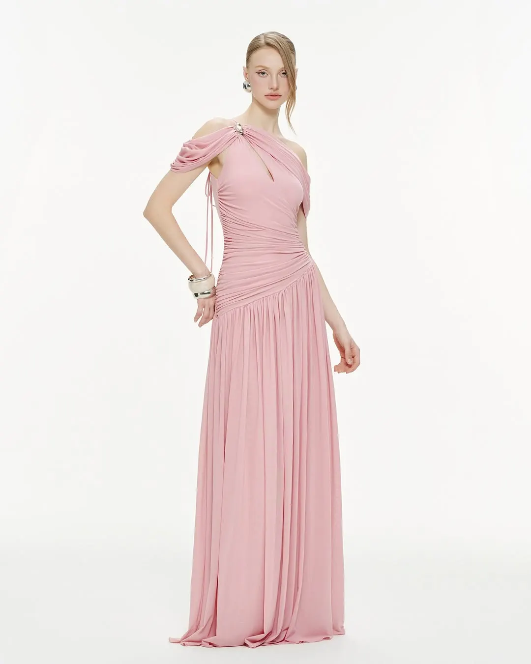 Mollynista Draped Off-Shoulder Stretch Mesh Dress