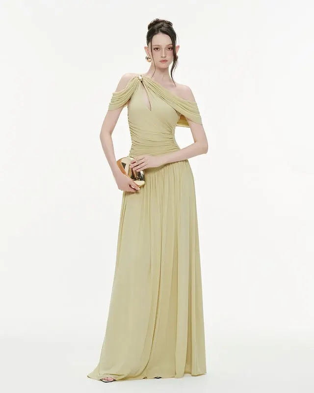 Mollynista Draped Off-Shoulder Stretch Mesh Dress