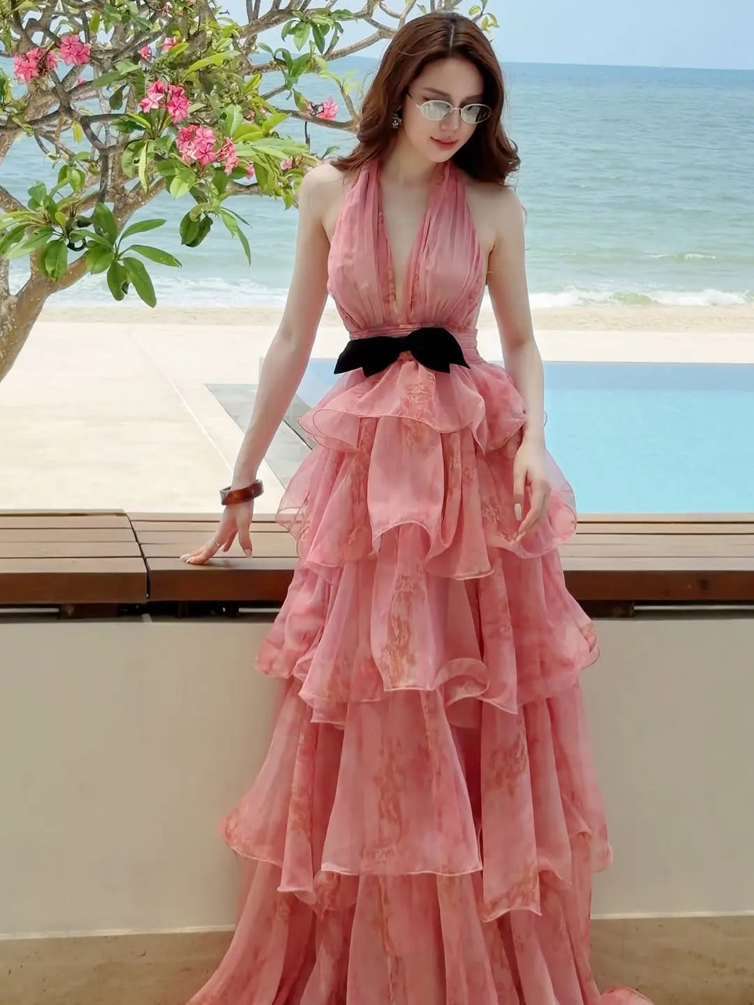 CHAU HY BST Velour Sea 2026 Pink Tiered Maxi Dress