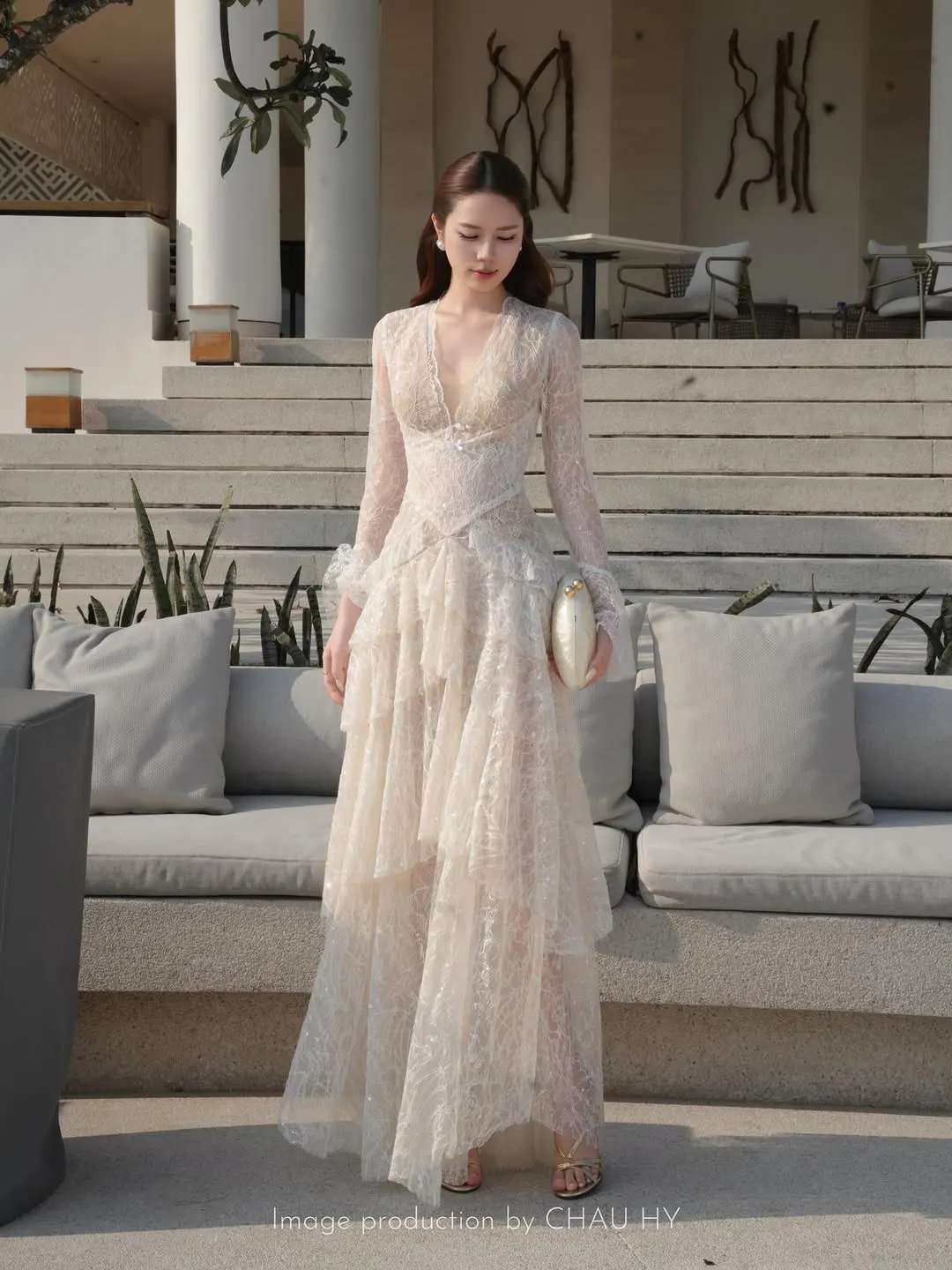 CHAU HY Lace Tiered Maxi Dress