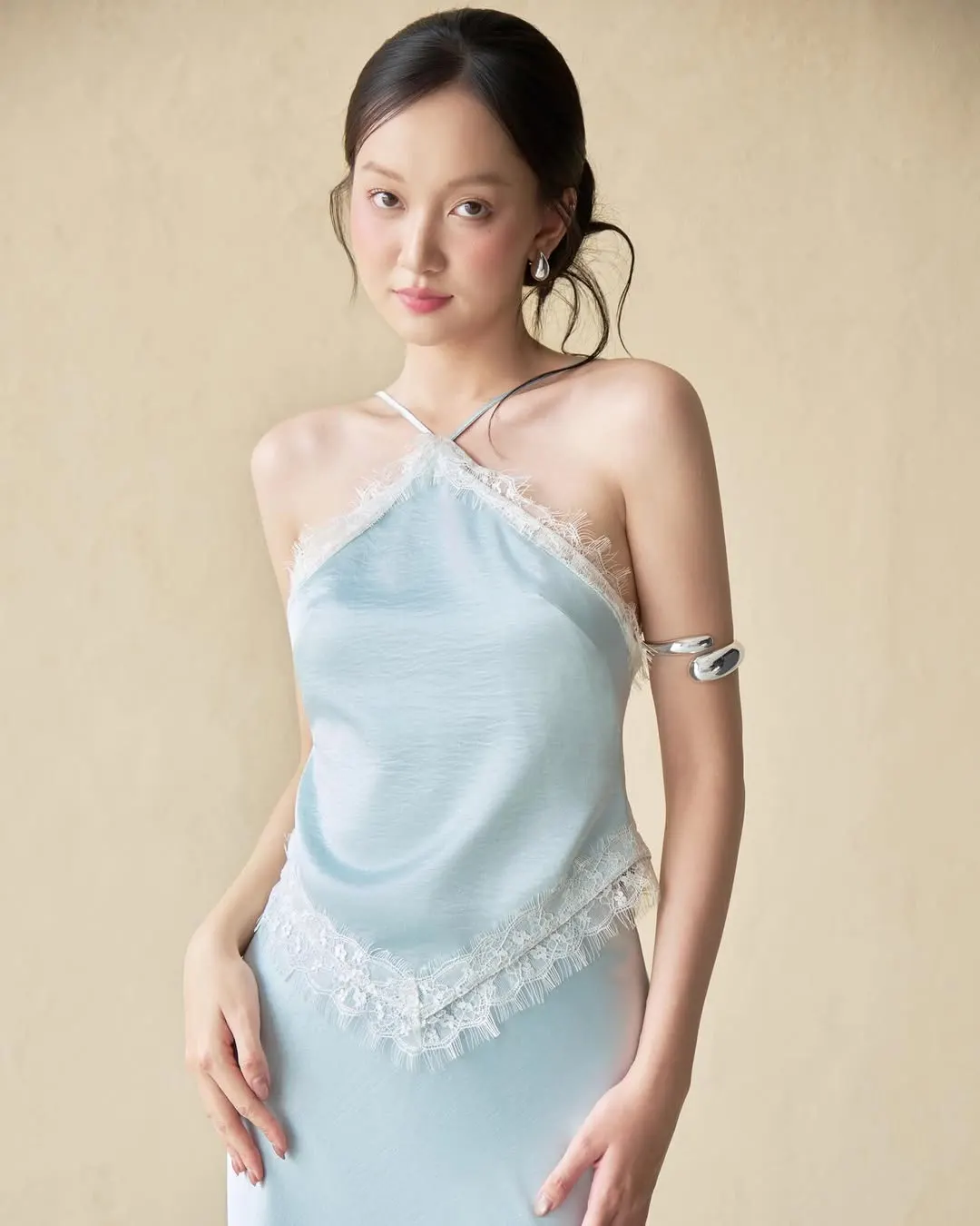 PALMER SET • Icy Blue Halter Neck Lace Trim Maxi Dress