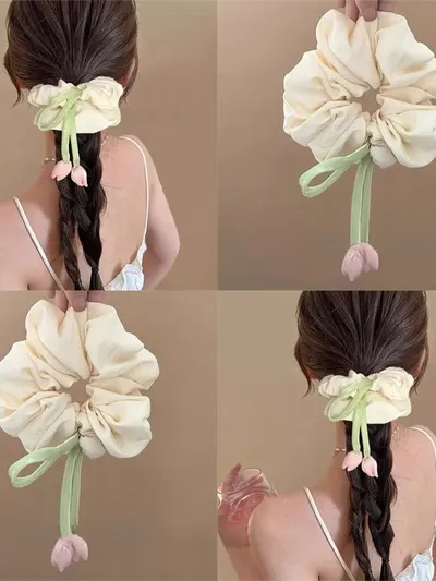 ยางรัดผมผ้าซาตินประดับดอกทิวลิปสีชมพู🌷 4