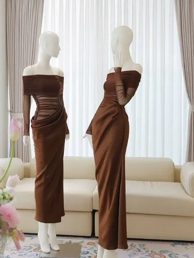 Obibi Brand ชุดราตรียาวสีน้ำตาล ผ้าซาติน ผ้ารูดระบายซีทรูแขนยาว 9
