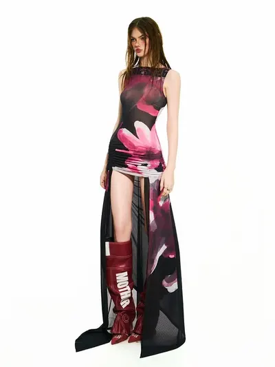 BONG Blooms Hand Drawn Thigh Ruched Layer Dress 2