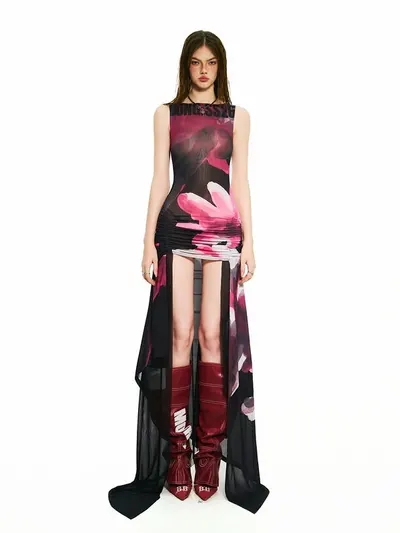 BONG Blooms Hand Drawn Thigh Ruched Layer Dress 5