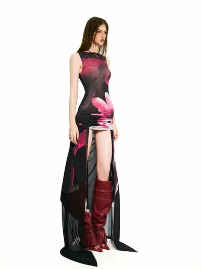 BONG Blooms Hand Drawn Thigh Ruched Layer Dress 6