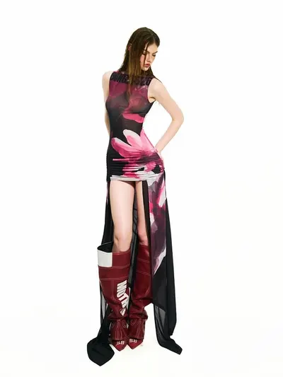 BONG Blooms Hand Drawn Thigh Ruched Layer Dress 9