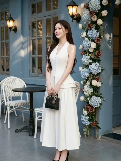 Ticha Set 2 ชิ้น เสื้อคล้องคอแต่งกระดุมและกระโปรงยาว 2
