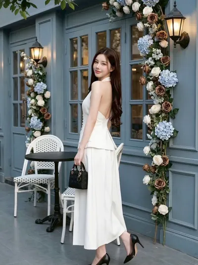 Ticha Set 2 ชิ้น เสื้อคล้องคอแต่งกระดุมและกระโปรงยาว 3