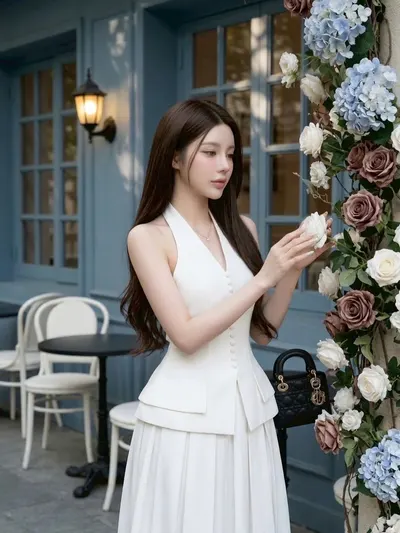 Ticha Set 2 ชิ้น เสื้อคล้องคอแต่งกระดุมและกระโปรงยาว 5