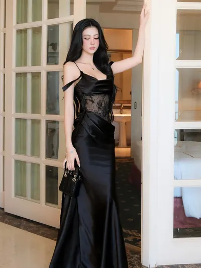 เดรสสายเดี่ยวเว้าเอวผ้าซีทรูลูกไม้ 4