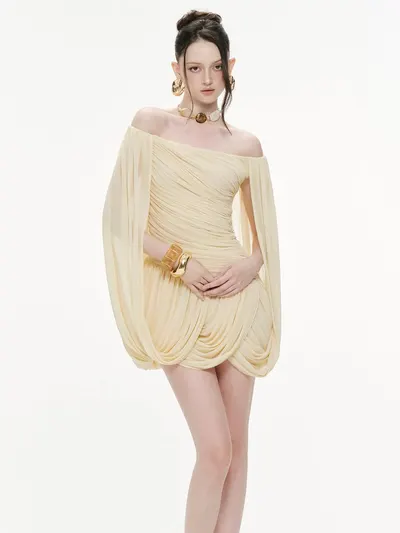 Mollynista Off-Shoulder Ruched Short Cape Dress 1