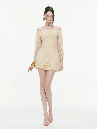 Mollynista Off-Shoulder Ruched Short Cape Dress 2