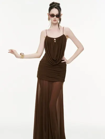Mollynista Cowl-Neck Ruched Stretch Mesh Gown 2
