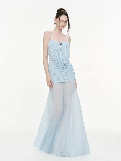 Mollynista Cowl-Neck Ruched Stretch Mesh Gown 3