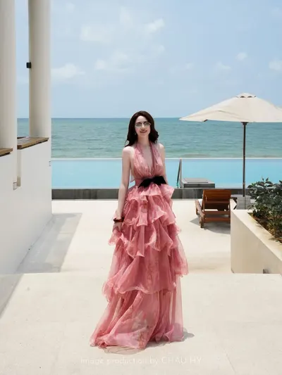 CHAU HY BST Velour Sea 2026 Pink Tiered Maxi Dress 2