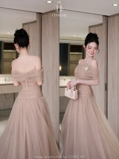 CHAU HY ชุดเดรสยาวผ้า voan สี nude champagne 4