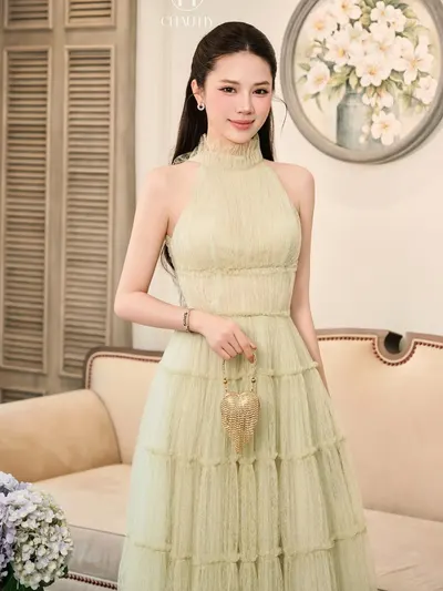 CHAU HY ชุดเดรสยาวคล้องคอสีเขียวพาสเทล 2