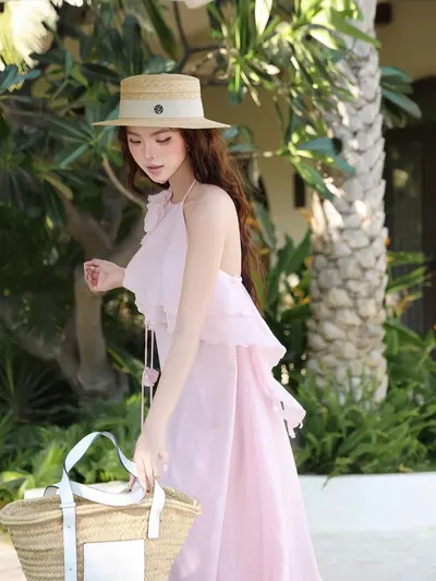 เดรสยาวคล้องคอสีชมพู 6