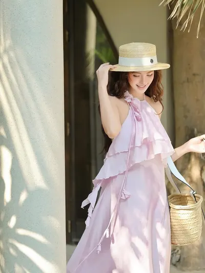 เดรสยาวคล้องคอสีชมพู 7