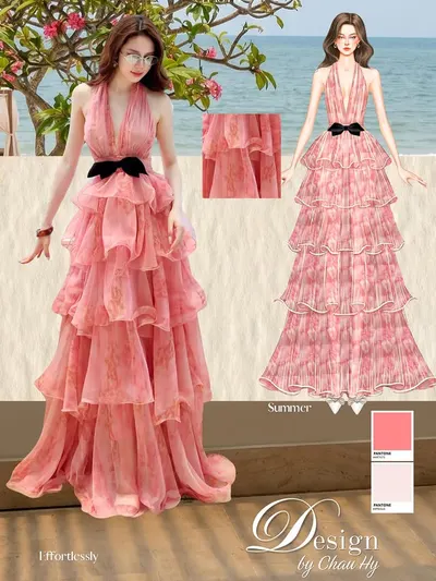 CHAU HY BST Velour Sea 2026 Pink Tiered Maxi Dress 7
