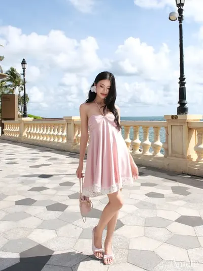 Bracha Dress - Pink Babydoll Dress with Lace Trim 10