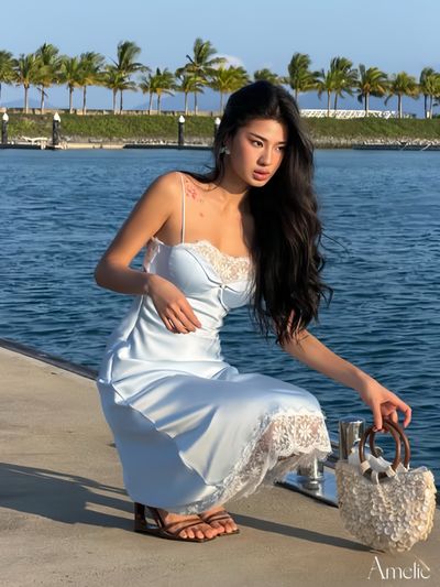 Amica Dress - Blue Satin Slip Dress with Lace 4
