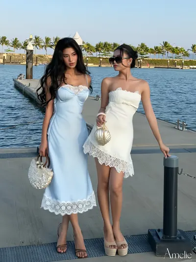 Amica Dress - Blue Satin Slip Dress with Lace 7