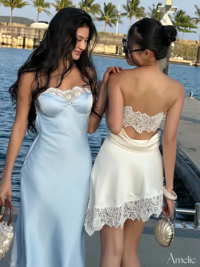 Amica Dress - Blue Satin Slip Dress with Lace 8