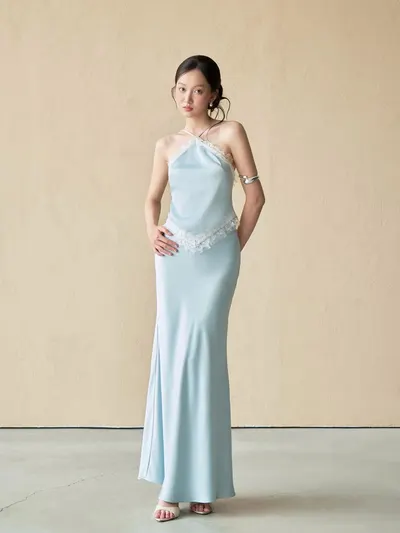 PALMER SET • Icy Blue Halter Neck Lace Trim Maxi Dress 2