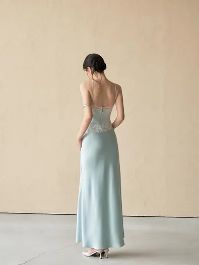 PALMER SET • Icy Blue Halter Neck Lace Trim Maxi Dress 4