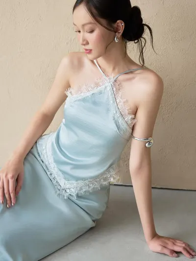 PALMER SET • Icy Blue Halter Neck Lace Trim Maxi Dress 3
