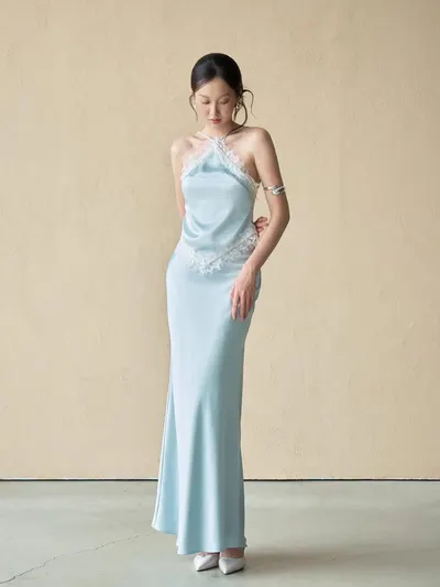 PALMER SET • Icy Blue Halter Neck Lace Trim Maxi Dress 5