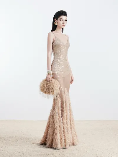 เดรสยาวสายเดี่ยวกลิตเตอร์หรูหรา 7