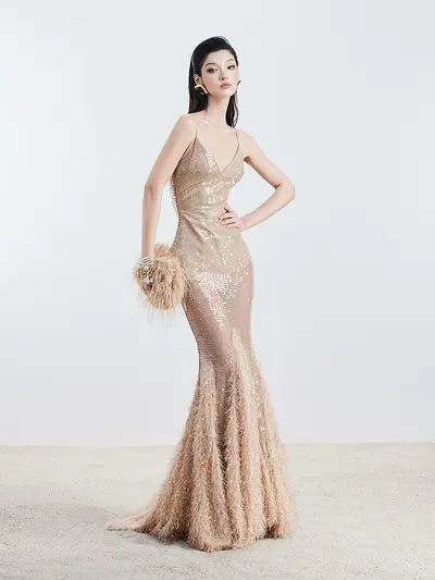 เดรสยาวสายเดี่ยวกลิตเตอร์หรูหรา 5
