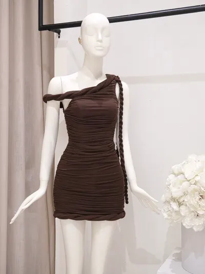 ThaoBibi Brown Ruched One-Shoulder Mini Dress 8