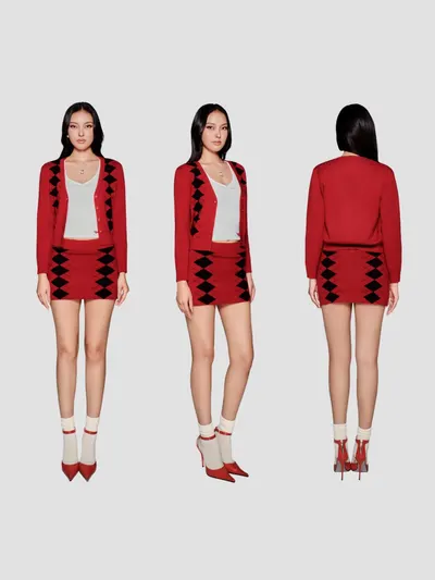 ชุดเซ็ท Davina Set  คาร์ดิแกน กระโปรงสั้น สีแดง ลายเพชร 7