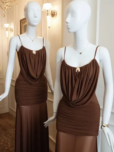Mollynista Cowl-Neck Ruched Stretch Mesh Gown 10