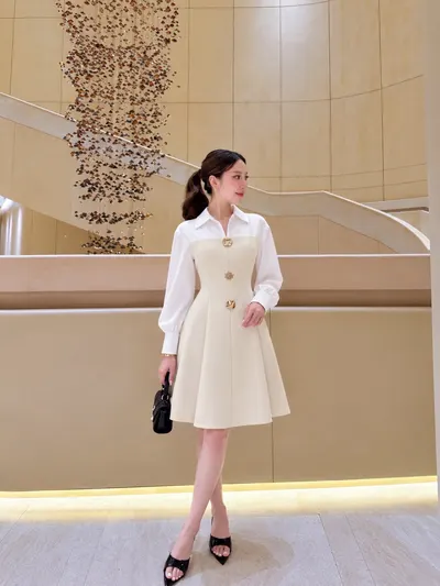 Signature Gold Button Dress - Cream 3