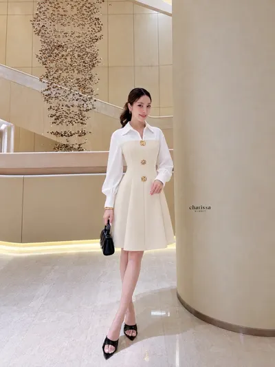 Signature Gold Button Dress - Cream 2
