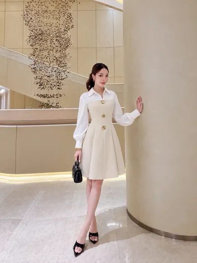 Signature Gold Button Dress - Cream 1